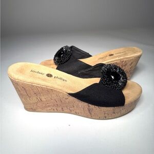 Lindsay Phillips Devon Black Wedge Sandals with Raffia Accent Snap